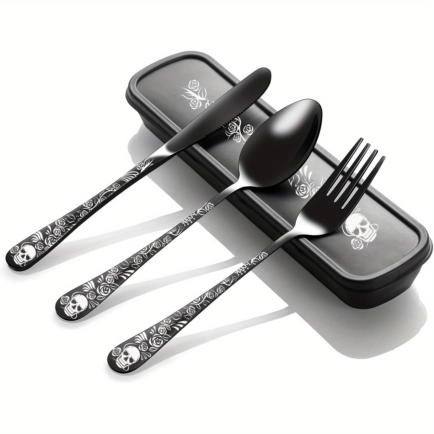 Juego de cubiertos gótico portátil, 4 piezas con estuche, acero inoxidable premium, incluye cuchara, tenedor y cuchillo, ideal para lonchera, campamento, senderismo, oficina, escuela o residencia, regalo perfecto para Día de Muertos, Navidad o Año Nuevo