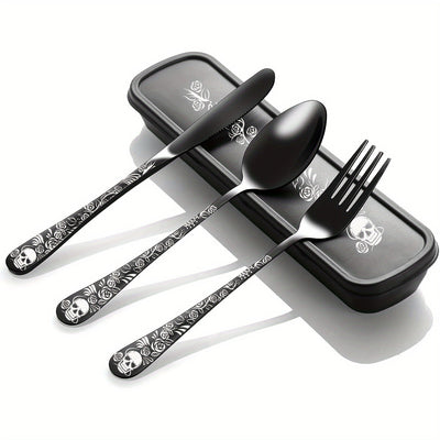 Juego de cubiertos gótico portátil, 4 piezas con estuche, acero inoxidable premium, incluye cuchara, tenedor y cuchillo, ideal para lonchera, campamento, senderismo, oficina, escuela o residencia, regalo perfecto para Día de Muertos, Navidad o Año Nuevo