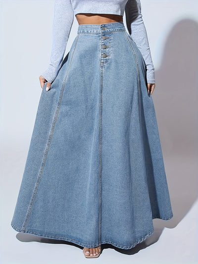 Falda de mezclilla de cintura alta para mujer con cierre frontal y bolsillos con solapa - Color azul claro, tejido no elástico, ideal para primavera/verano/otoño, ropa casual a semi-formal, atuendo casual | Falda con botones | Tejido no elástico