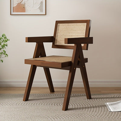 Silla de ratán de madera maciza resistente con brazos - Sillón estilo japonés para balcón, diseño tejido en negro y natural, cómoda para uso en casa o restaurante