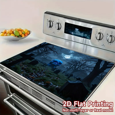 1 pieza, protector de estufa con diseño de cementerio de Halloween, impresión plana 2D, 100% poliéster, compatible con estufas de gas e inducción, secadoras, lavadoras - accesorio elegante para el hogar con escena de noche aterradora, decoraciones de Hal