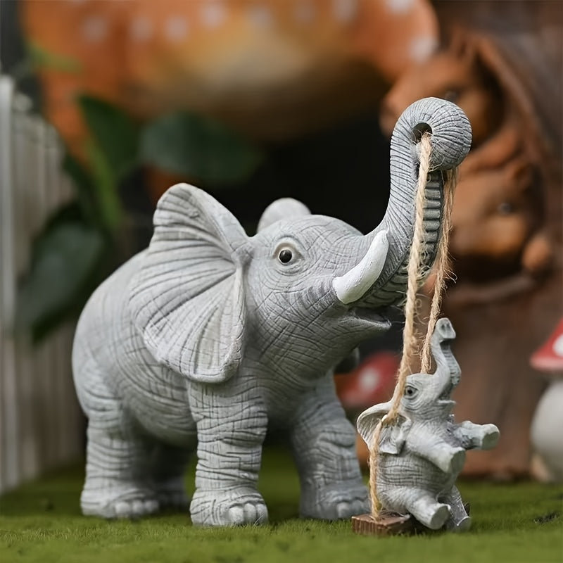 Encantadora Figura de Elefante en Resina con Columpio y Cuna – Diseño Gris Detallado para Decoración Interior/Exterior, Ideal para Sala, Estantería, Vitrina o Soporte de Televisión, Adorno de Elefante