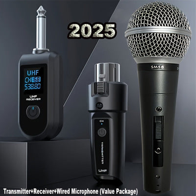 Sistema de micrófono inalámbrico profesional con microfonía dinámica - Transmisor y receptor UHF, batería recargable/carga USB-C, adecuado para actuaciones en vivo y karaoké, conjunto de tres piezas de micrófono para PC/inalámbrico con cable universal