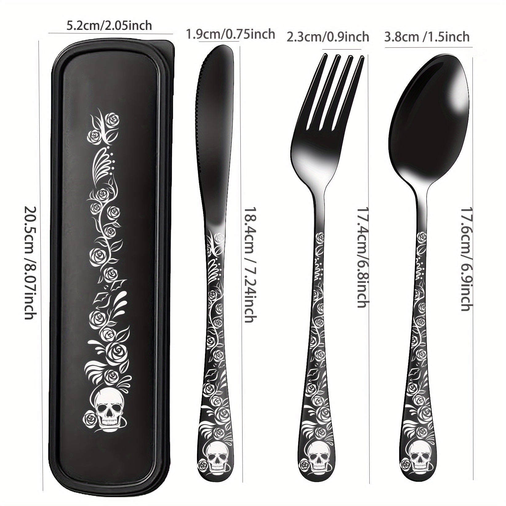 Juego de cubiertos gótico portátil, 4 piezas con estuche, acero inoxidable premium, incluye cuchara, tenedor y cuchillo, ideal para lonchera, campamento, senderismo, oficina, escuela o residencia, regalo perfecto para Día de Muertos, Navidad o Año Nuevo
