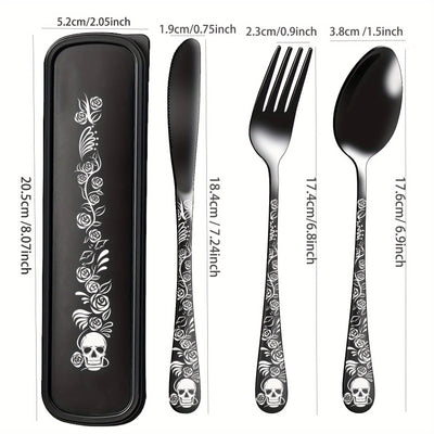 Juego de cubiertos gótico portátil, 4 piezas con estuche, acero inoxidable premium, incluye cuchara, tenedor y cuchillo, ideal para lonchera, campamento, senderismo, oficina, escuela o residencia, regalo perfecto para Día de Muertos, Navidad o Año Nuevo