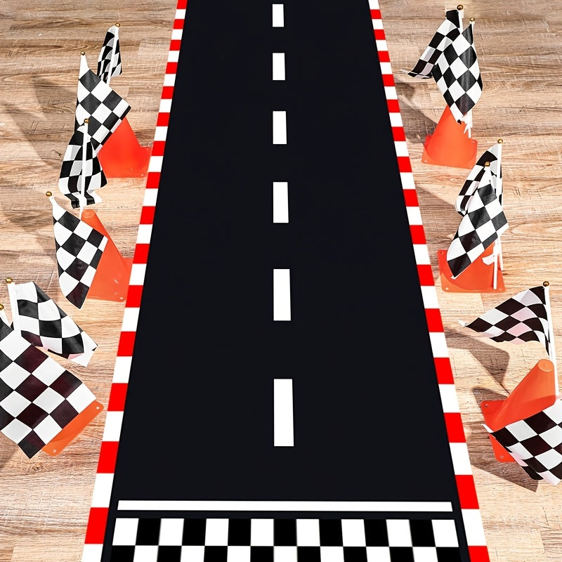 1pc, Tela de pista negra y blanca, 60*250 cm, corredor de poliéster inspirado en pistas de carreras, decoración para fiestas de cumpleaños, decoración para eventos y reuniones deportivas con tema de carreras, alfombra de pista deportiva para fiestas con