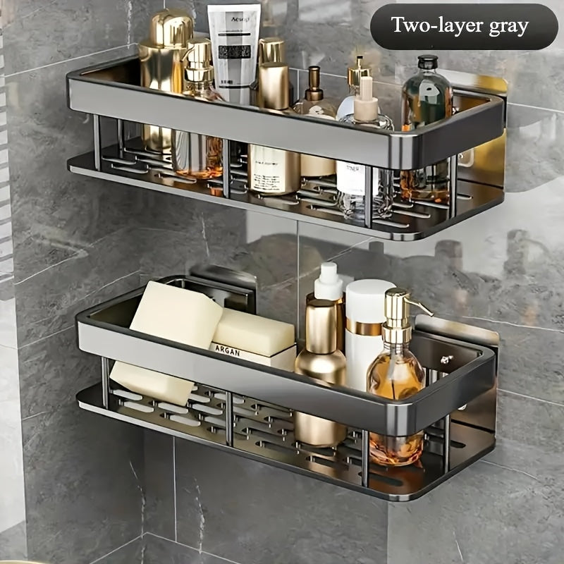 2 piezas de acero inoxidable Soportes de ducha para montar en la pared - Ahorro de espacio, organizador colgante de dos niveles para artículos de baño esenciales, resistente a la corrosión, no requiere taladro, ideal para champú, acondicionador y más, so