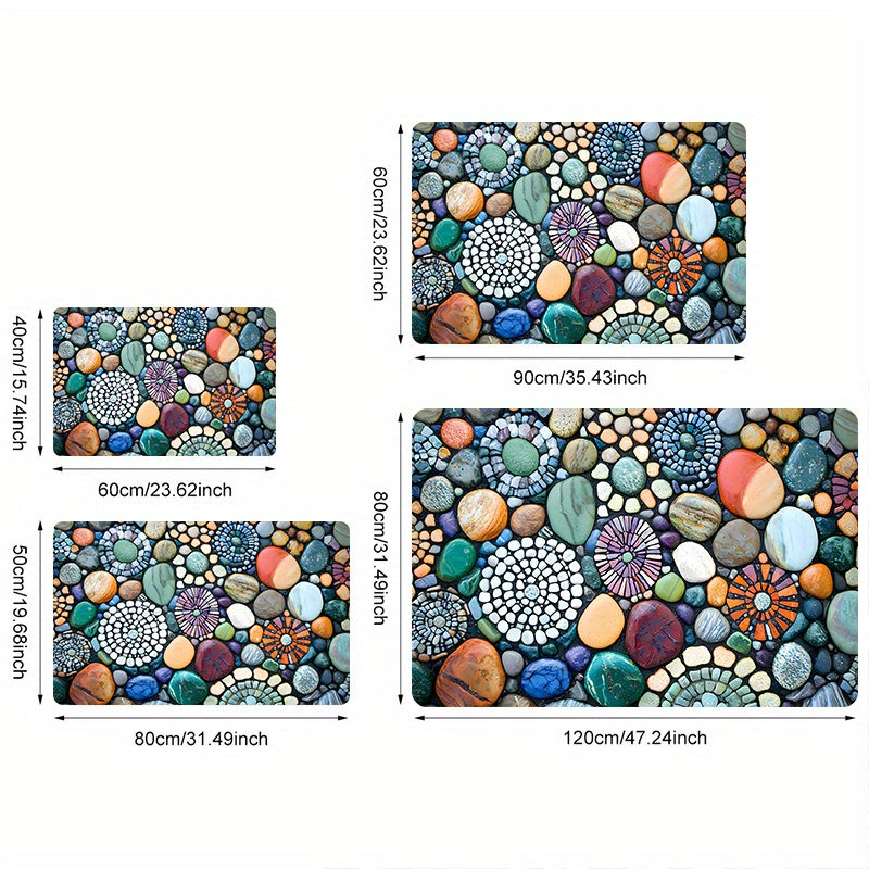 Tapete de entrada con diseño de piedras coloridas – 1 pieza de franela suave + base de espuma de 1 cm, patrón vibrante de piedras para interior/exterior, secado rápido, poliéster resistente al desgaste, ideal para cocina, baño y puerta principal, tapete