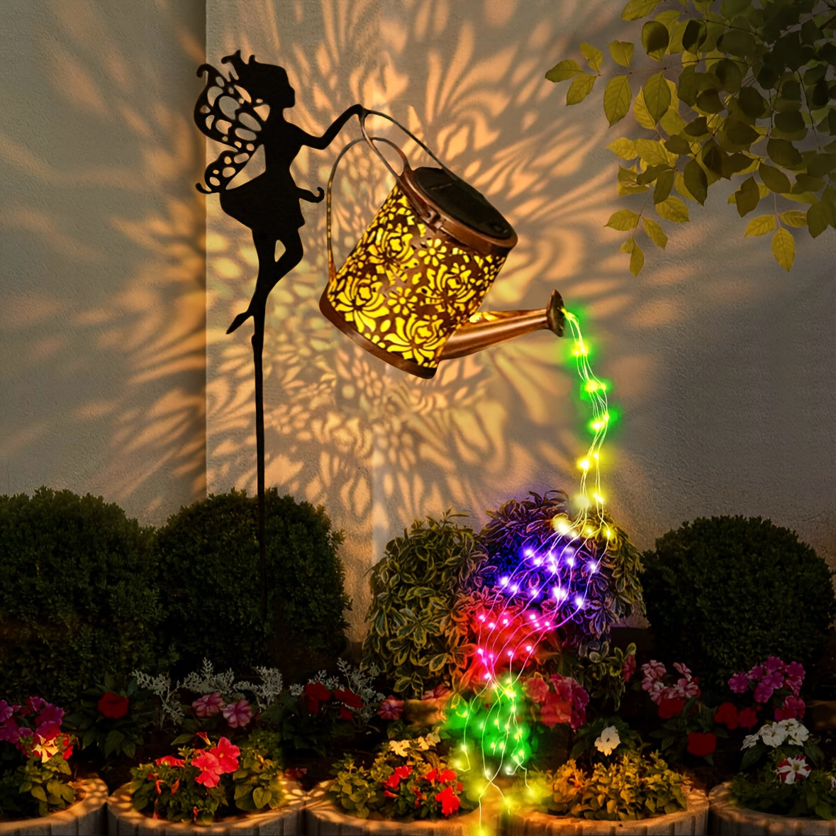 Regadera solar con luces LED de colores, lámpara de jardín de metal estilo vintage, perfecta para Navidad, Halloween, San Valentín y decoración universal, funciona con pilas de níquel, sin plumas, carga solar, capacidad de 600 mAh.