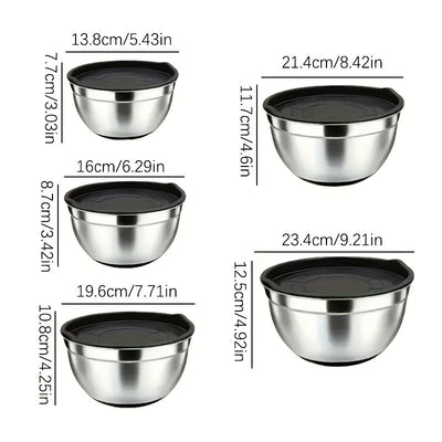 Juego de 5 tazones de acero inoxidable para ensalada con tapa, cuencos apilables para ensaladas, frutas, pasta y repostería, seguros para exteriores, forma redonda, novedosos utensilios de cocina