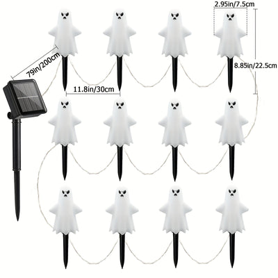 12 paquetes de luces solares de tierra espeluznantes para Halloween - Bats de horno de luces verdes, calidad IP44, 8 modos de iluminación (esqueleto/soplado/cambiando), montaje semi-inclinado, plástico duradero para decoraciones de exteriores de Hallowee