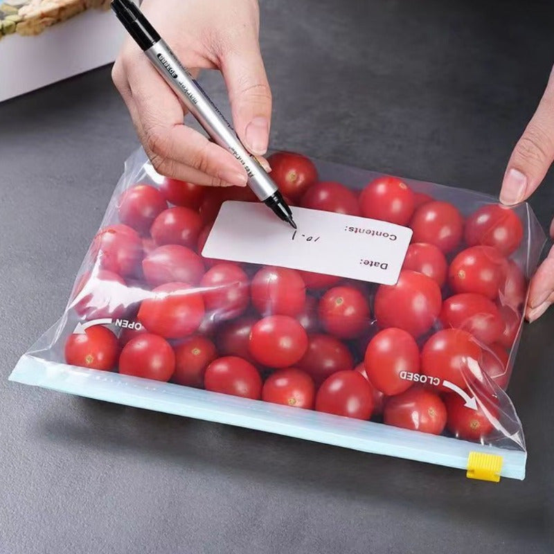 15pcs Bolsas de Almacenamiento de Alimentos Reutilizables con Etiquetas - Bolsas Selladas con Cremallera para Congelador y Refrigerador a Prueba de Fugas para Productos Frescos, Granos, Frutos Secos, Snacks y Más - Material Duradero de PE, Organización F