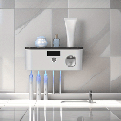 Portacepillos inteligente con luz UV, organizador de baño sin taladro, carga USB, 4 compartimentos coloridos, diseño blanco moderno para cepillos de dientes e hilo dental, instalación sin perforaciones, estética contemporánea