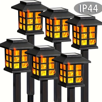 Conjunto de 6 Luces Solares para Caminos con Llama LED - Decoración Exterior para Jardín y Césped, Resplandor Amarillo Cálido, Vida Útil de la Batería de 10 Horas, con Acentos de Cristal, Ideal para Navidad, Patios y Paisajismo, Luces Solares para Jardín