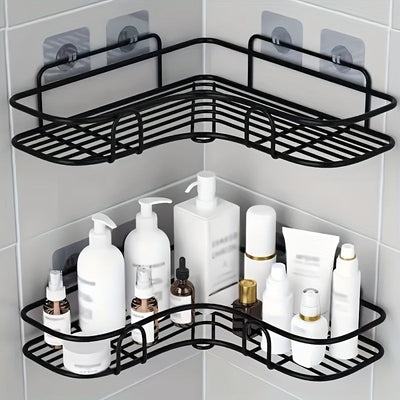 Estante de ducha de esquina de hierro fundido - Estante de almacenamiento de baño montado en la pared que no requiere taladrar, con diseño de malla de alambre de metal negro para un fácil acceso y organización, perfecto para champú, acondicionador y jabó