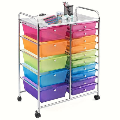 Carrito de almacenamiento con ruedas, 10/12/15 cajones, estructura metálica y cajones de plástico, multifuncional, práctico para el hogar y la oficina (Blanco transparente/Negro avanzado/Color2)