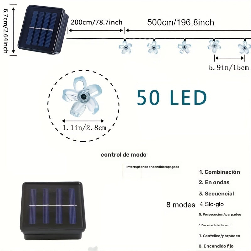 Luces LED solares en forma de flores, 7m con 50 LEDs, 8 modos, flores de cerezo plásticas, parpadeo, control con botón, color blanco, decoración para jardín, balcón, terraza y bodas, carga solar, batería de níquel 600mAh, módulo fotovoltaico removible