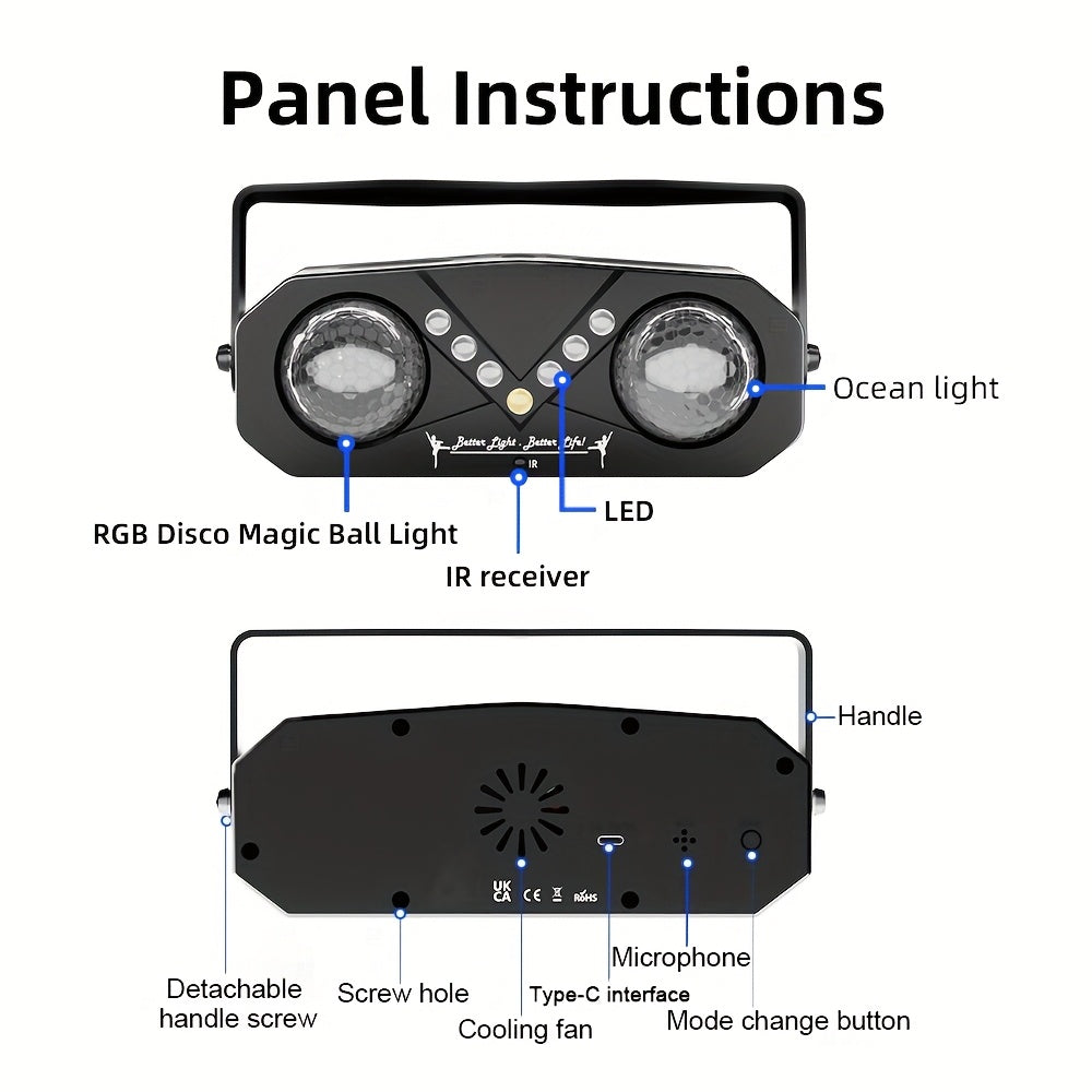 2 en 1, Pelota de disco y proyector LED, plástico ABS negro, 7 proyector de fiesta LED con sensor infrarrojo, alimentación USB, no necesita batería, ideal para uso en interiores, iluminación de fiestas | Iluminación vibrante | Plástico duradero