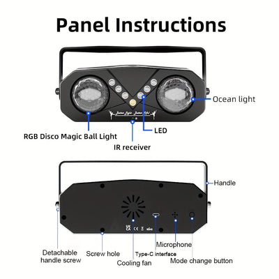 2 en 1, Pelota de disco y proyector LED, plástico ABS negro, 7 proyector de fiesta LED con sensor infrarrojo, alimentación USB, no necesita batería, ideal para uso en interiores, iluminación de fiestas | Iluminación vibrante | Plástico duradero