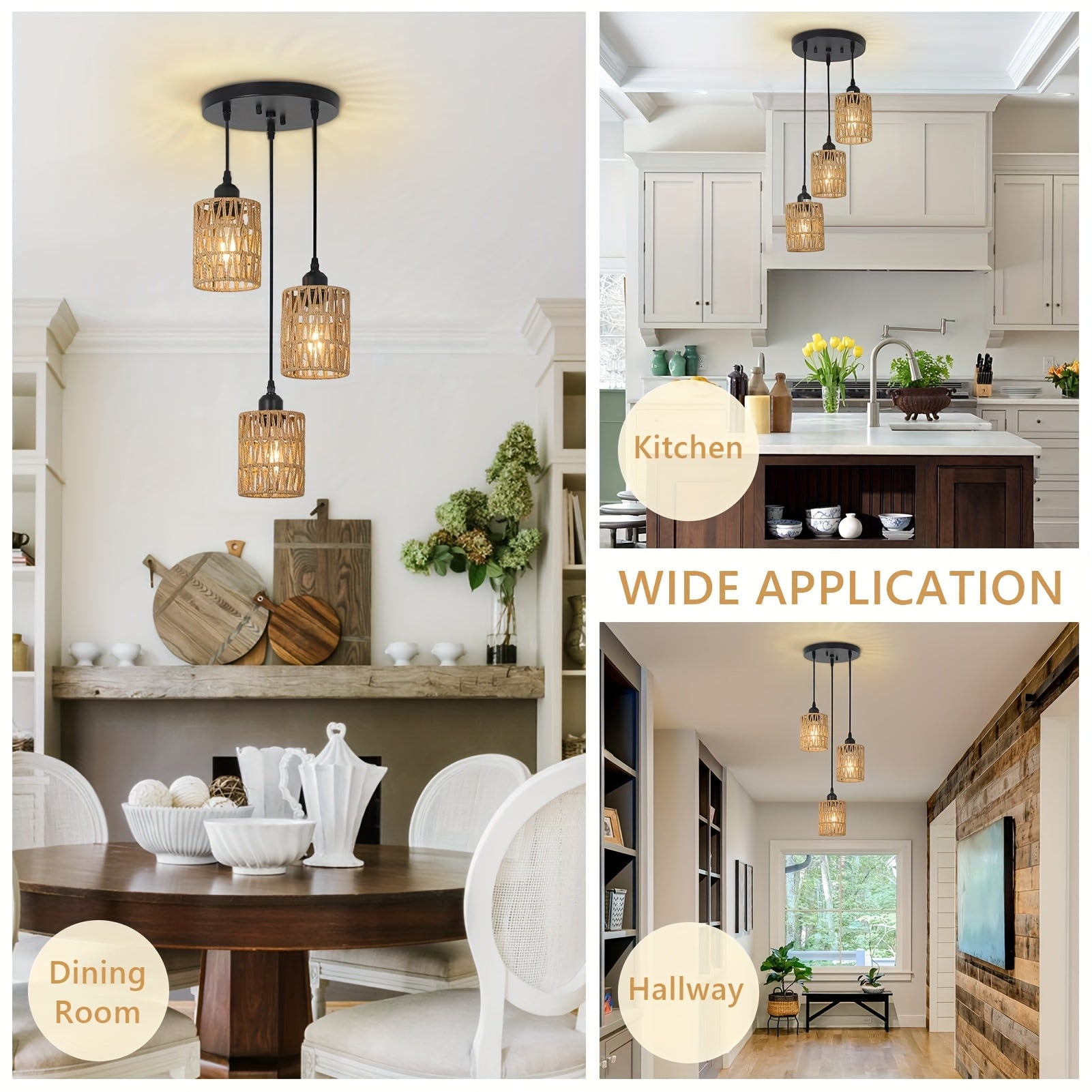 Colgante de Ratán Estilo Boho Chic con 3 Luces - Pantalla Tejida a Mano, Lámparas Colgantes Modernas, Ideal para Comedor de Granja, Isla de Cocina y Decoración del Dormitorio