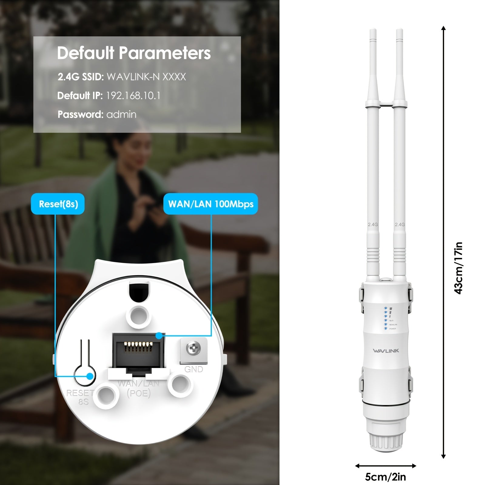 WAVLINK N300 Punto de Acceso Inalámbrico Exterior - Impermeable, Alimentado por PoE, Extensor WiFi de Largo Alcance con Puertos WAN/LAN, Antenas Direcionales 2x7dBi, Modos Versátiles de AP/Enrutador/Repetidor, Resistencia al Clima con Clasificación
