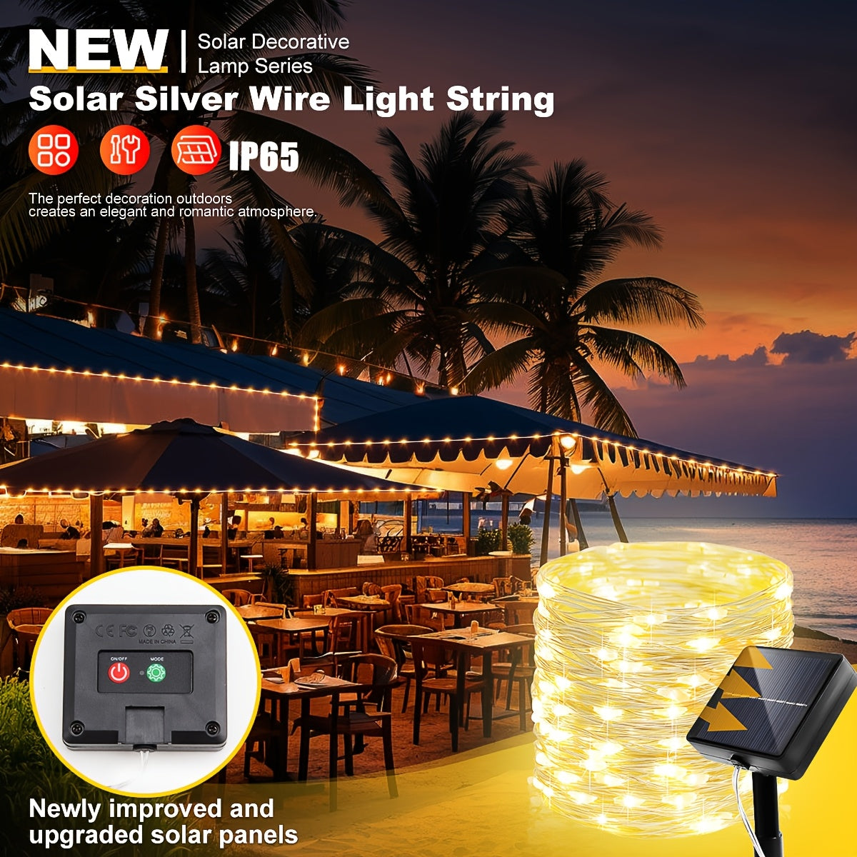 1pc 7.0/11.99/21.9metros Luces Solares de Cadena LED para Exteriores, Alambre Plateado 8 Modos Luces Solar Hadas para Jardín Patio Árbol Navidad Centro Comercial Fiesta Boda Decoración de Patio Blanco Cálido (colorido)(blanco) IP65 Iluminación Comercial