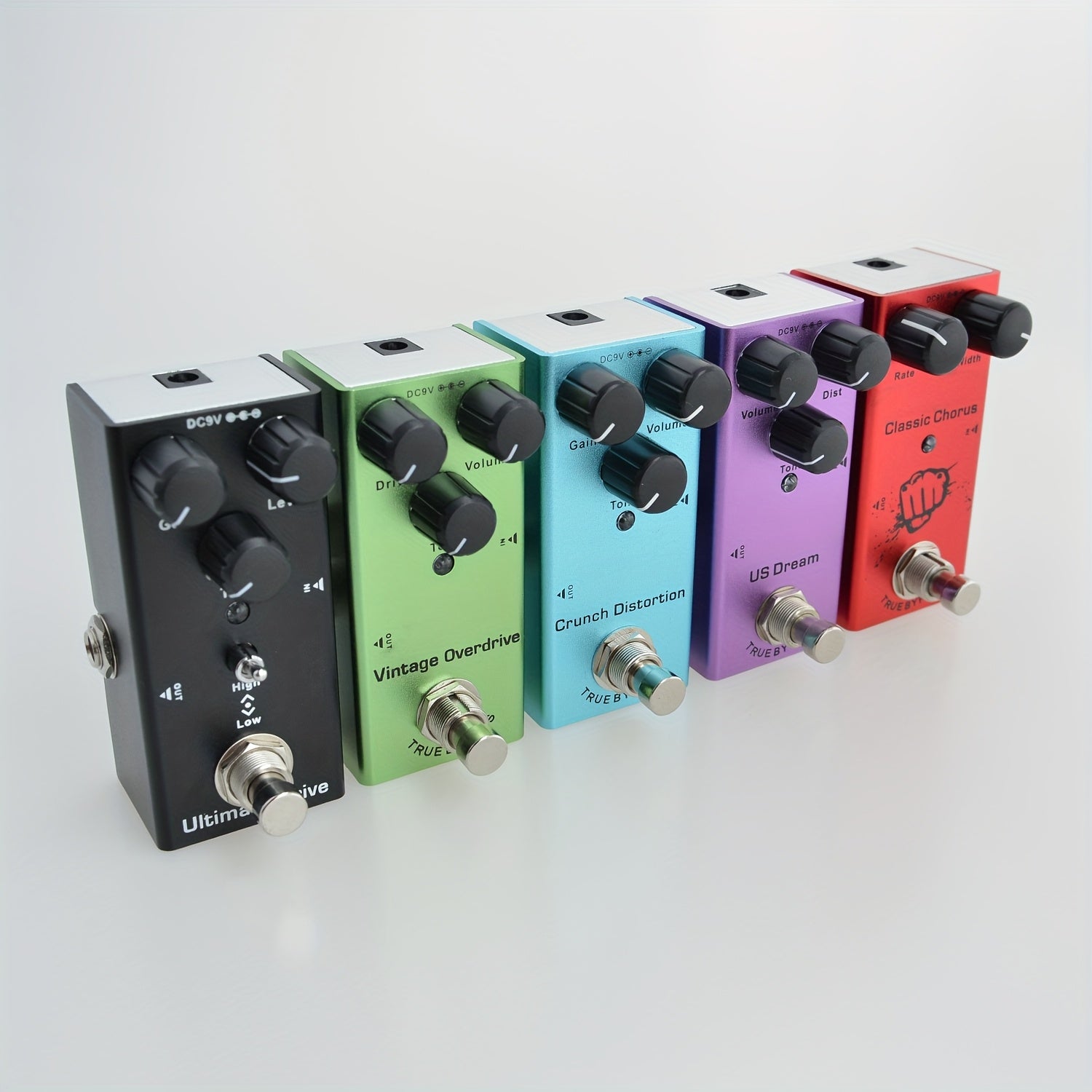 Pedal de efectos de distorsión vintage para guitarras eléctricas - Overdrive, Coro, Retraso y tono vocal con distorsión realista, 5 opciones de color (azul, rojo, verde, púrpura, negro), pedal vintage para guitarra, pedal de distorsión, diseño clásico de