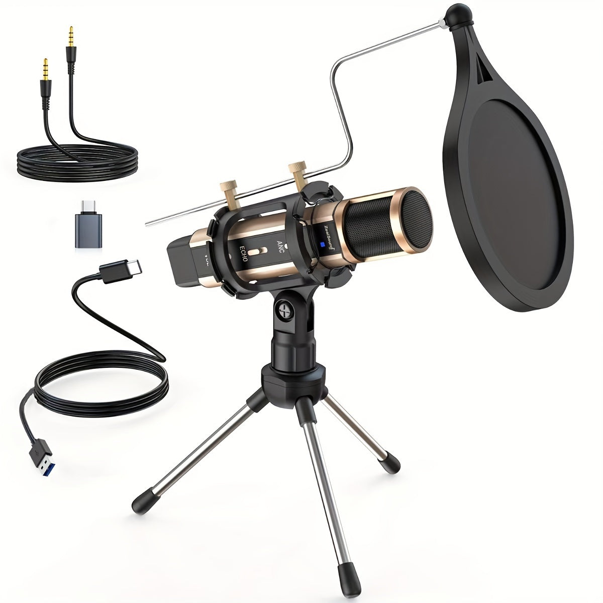 ZealSound Micrófono USB Plug and Play para Teléfono y PC con Soporte, Interfaz 3.5mm + Adaptador Tipo-C, Cancelación de Ruido, Silencio, Monitor, Trípode, Filtro Pop, Tarjeta de Sonido Integrada, Grabación de Eco, Canto y Transmisión en Vivo ASMR