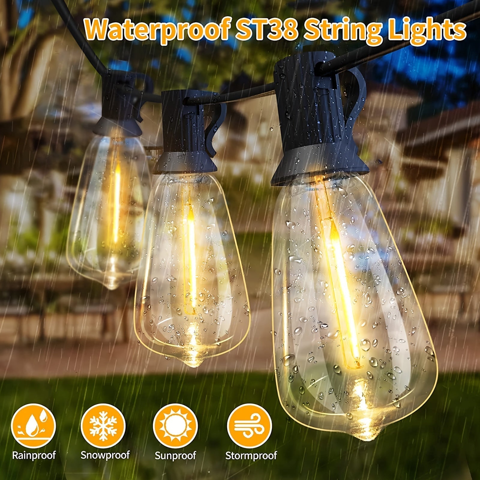30.48 metros de luces LED, guirnalda impermeable para exteriores ST38 con 50+2 bombillas, 110V-130V, enchufe estadounidense, material PP, sin cambio de color, ideal para el día de San Valentín, Navidad, decoración de Halloween, sin batería.