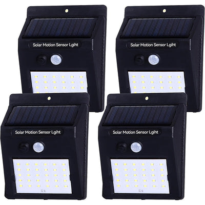 4 luces solares para pared exterior, con sensor de movimiento para jardín, escaleras y caminos, incluye hardware de instalación, montaje semiempotrado, control de interruptor, material plástico, energía solar con batería de litio, iluminación para camino