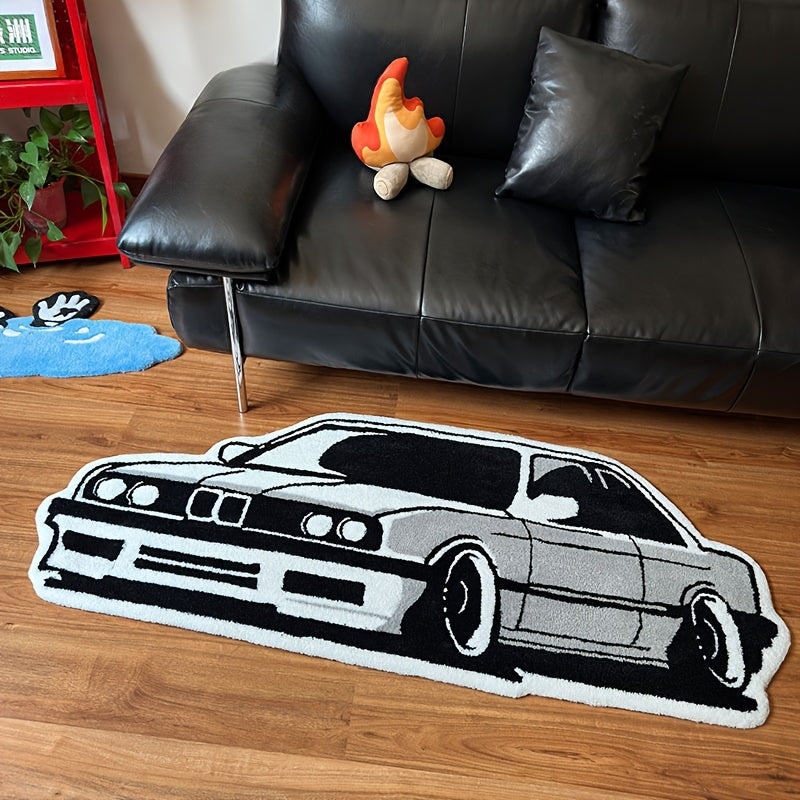 Alfombra de Área de Diseño de Coche Vintage - Suave, Esponjosa con Pelo de 10mm de Grosor, Antideslizante y Lavable a Máquina, Negra y Gris con Ruedas Blancas, Decoración Retro para Sala de Juegos o Dormitorio, Acogedor y Elegante Adorno para el Hogar, A