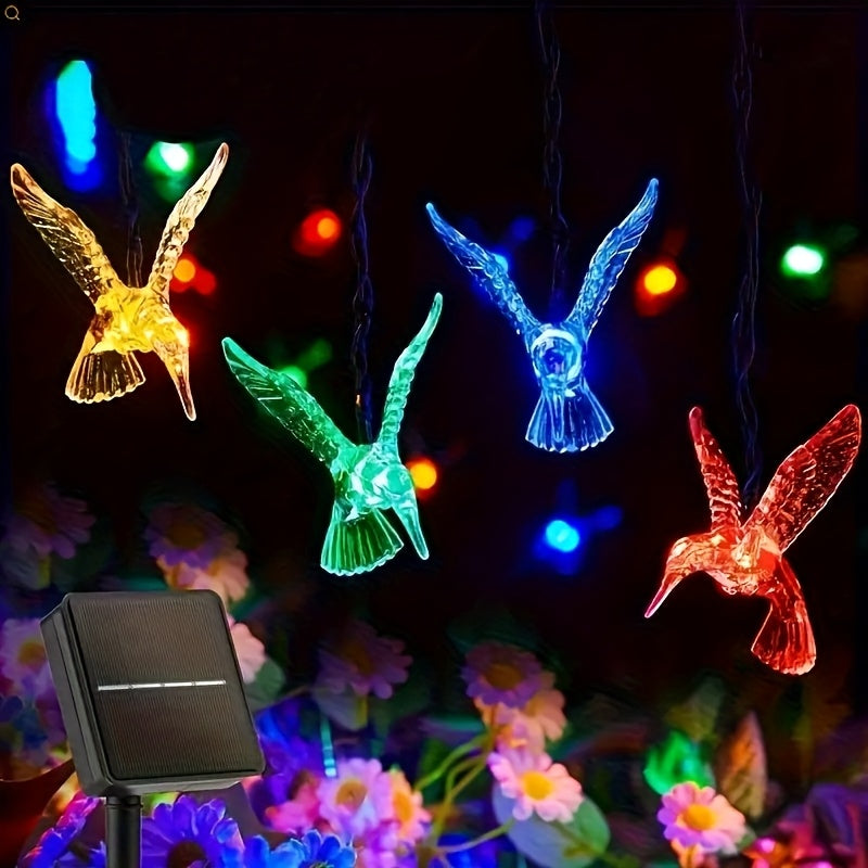 Luces de Cadena LED con Energía Solar en Forma de Colibrí - 20 Luces Hadas Multicolores para Jardín Exterior, Patio y Decoración de Cercas, Eficiente en Energi