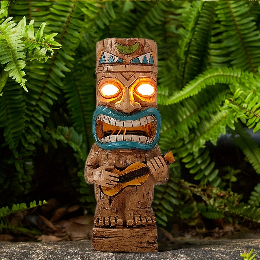 1pieza Estatua de Tiki Luces Solares Decoración Exterior, Decoración de Tiki Totem para Fiesta Hawaiana, Material de Resina Solar Hawaiano para Decoración Tropical de Tiki, Ideal para Patio, Balcón, Jardín, Césped, Decoración de Bar - Regalo para Amigos