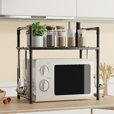 Estante de almacenamiento de cocina de varios niveles con ganchos, organizador de soporte de microondas de almacenamiento abierto, plástico duradero, no requiere ensamblaje, para especias, utensilios y electrodomésticos pequeños.