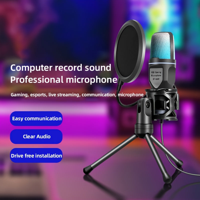 Micrófono para juegos, micrófono USB para PC, podcast, videos y streaming, micrófono condensador con función de silencio rápido, trípode, cubierta antipop, luz indicadora RGB, amortiguador de golpes, botón giratorio de ganancia, compatible con PS4/5/PC