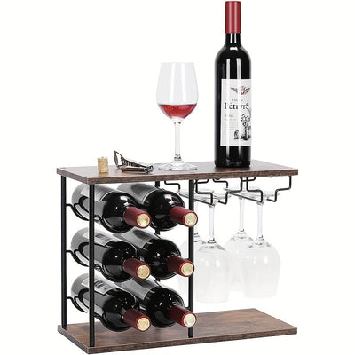 Un moderno y minimalista soporte para vinos creativo para uso en el hogar, capaz de contener 6 botellas y 4 vasos. Este soporte para vinos independiente es adecuado para hogares, cocinas, mesas de bar, bodegas de vinos y armarios, lo que lo convierte en