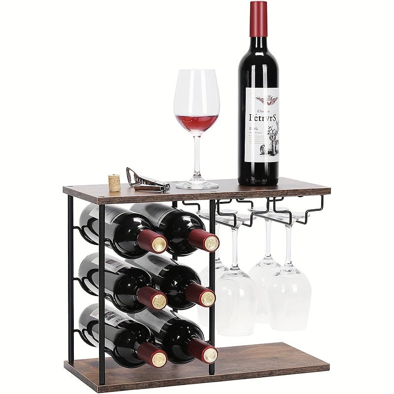 Un moderno y minimalista soporte para vinos creativo para uso en el hogar, capaz de contener 6 botellas y 4 vasos. Este soporte para vinos independiente es adecuado para hogares, cocinas, mesas de bar, bodegas de vinos y armarios, lo que lo convierte en