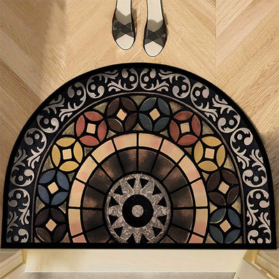 Alfombra de lujo vintage de media luna para entrada - Terciopelo de cristal grueso, respaldo antideslizante con estampado moderno para sala de estar, dormitorio y entrada