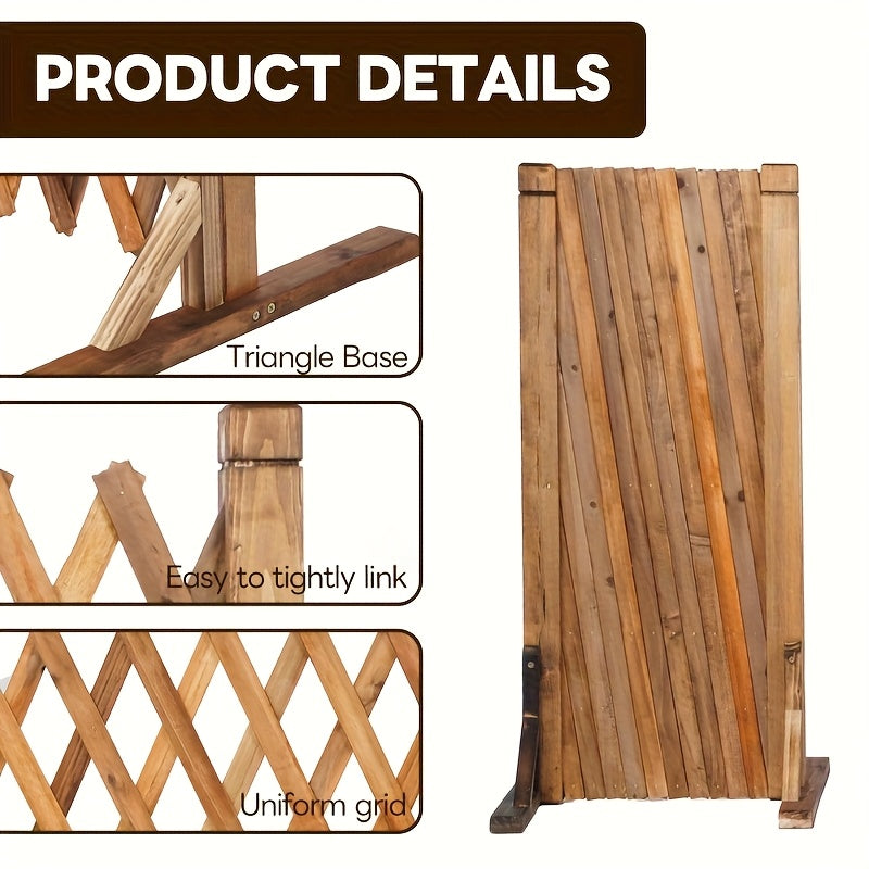 Cerca retráctil sin taladros, 1 unidad, longitud ajustable, madera tratada resistente a la intemperie con diseño de celosía para plantas trepadoras, decoración de jardín interior/exterior, pantalla de privacidad para patio y balcón