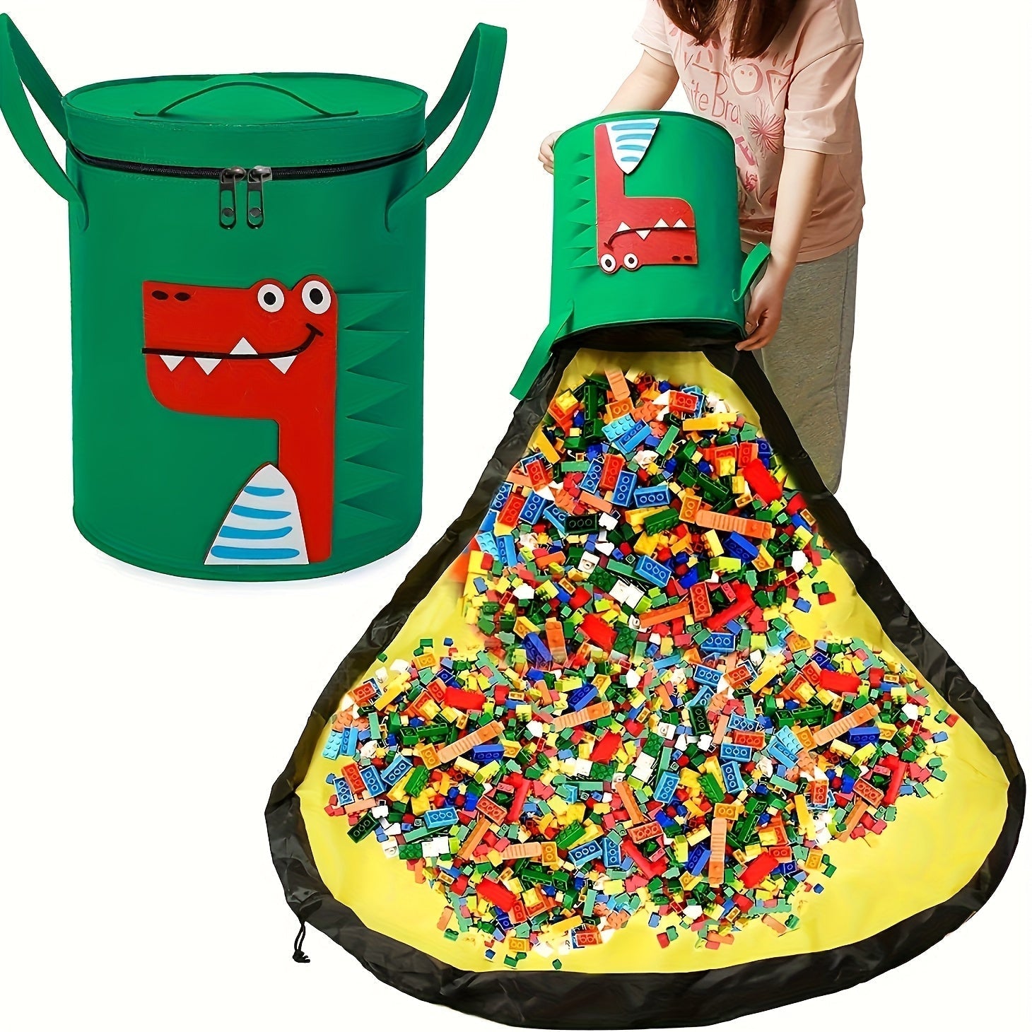 Gran Bolsa de Almacenamiento Verde de Fieltro con Tapete Extraíble - Diseño Lindo de Dinosaurio, Cierre Antipolvo para Juguetes, Bloques de Construcción y Accesorios - Organizador Multiusos para el Hogar