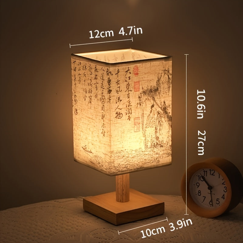 Lámpara de escritorio de estilo caligráfico tradicional, base de madera, sombra de tela de estilo antiguo, lámpara ahorradora de energía, cable USB, lámpara independiente con soporte, adecuada para dormitorio, sala de estar, decoración de tema espacial.
