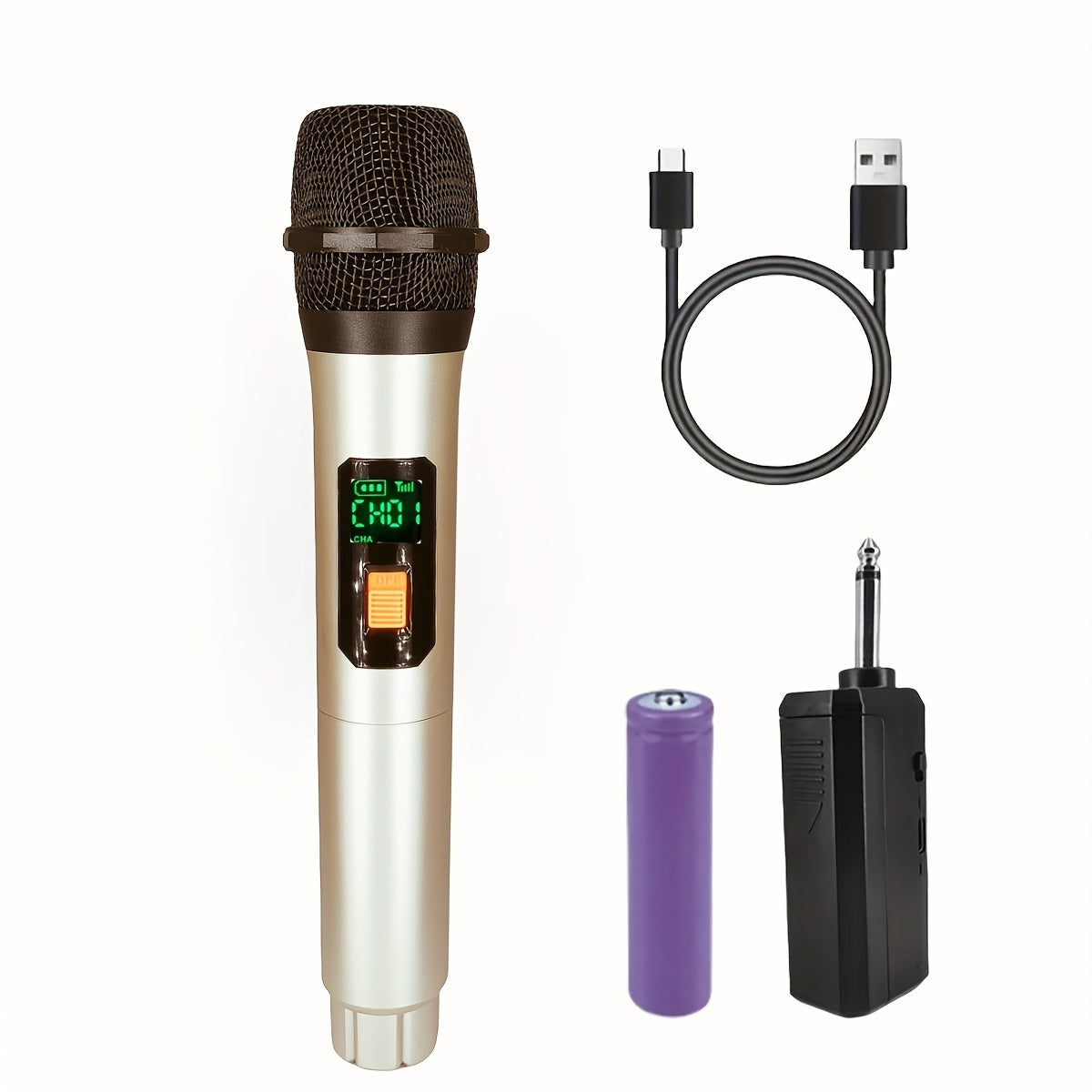 Receptor inalámbrico de micrófono dorado, 1 a 1 y 2 a 1, con batería recargable, ideal para uso en interiores y exteriores, reuniones familiares, discursos, canto en escenarios, KTV, etc., buen sonido, bajo consumo de energía, larga duración en espera, p
