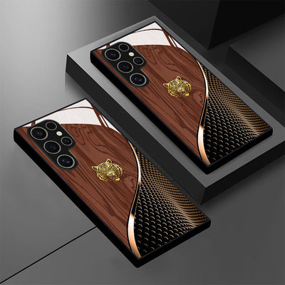 Tigre dorado elegante con patrón de textura marrón, funda de vidrio para teléfono para for samsung para for galaxy S25/S25 Plus/S25 Ultra/S24/S24 FE/S24 Plus/S24 Ultra/S23+/S23 Ultra/S22+/S22 Ultra/S20+/S20 FE/S20 Ultra/A13/A14/A16/A32/A33/A34/A53/A54/A7