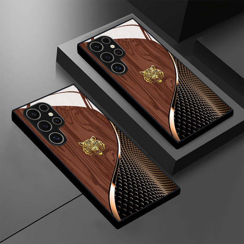 Tigre dorado elegante con patrón de textura marrón, funda de vidrio para teléfono para for samsung para for galaxy S25/S25 Plus/S25 Ultra/S24/S24 FE/S24 Plus/S24 Ultra/S23+/S23 Ultra/S22+/S22 Ultra/S20+/S20 FE/S20 Ultra/A13/A14/A16/A32/A33/A34/A53/A54/A7
