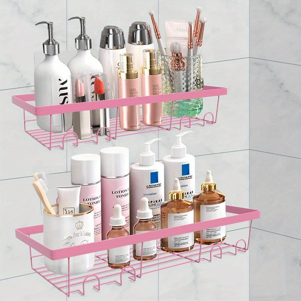 Organizador de Ducha Adhesivo Rosa de 2 Piezas con Ganchos, Acero Inoxidable Anticorrosión, Estante de Almacenamiento Montado en Pared Sin Taladro para Baño y Cocina - Diseño Ahorra-Espacio para Uso Interior de la Ducha, Accesorios de Ducha