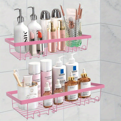 Organizador de Ducha Adhesivo Rosa de 2 Piezas con Ganchos, Acero Inoxidable Anticorrosión, Estante de Almacenamiento Montado en Pared Sin Taladro para Baño y Cocina - Diseño Ahorra-Espacio para Uso Interior de la Ducha, Accesorios de Ducha