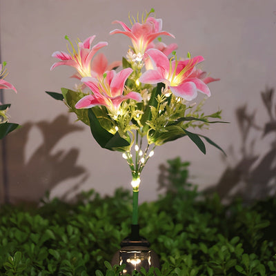 Lámpara solar con 7 flores de lirio y 42 cuentas, decoración rosa para jardín, patio y exterior