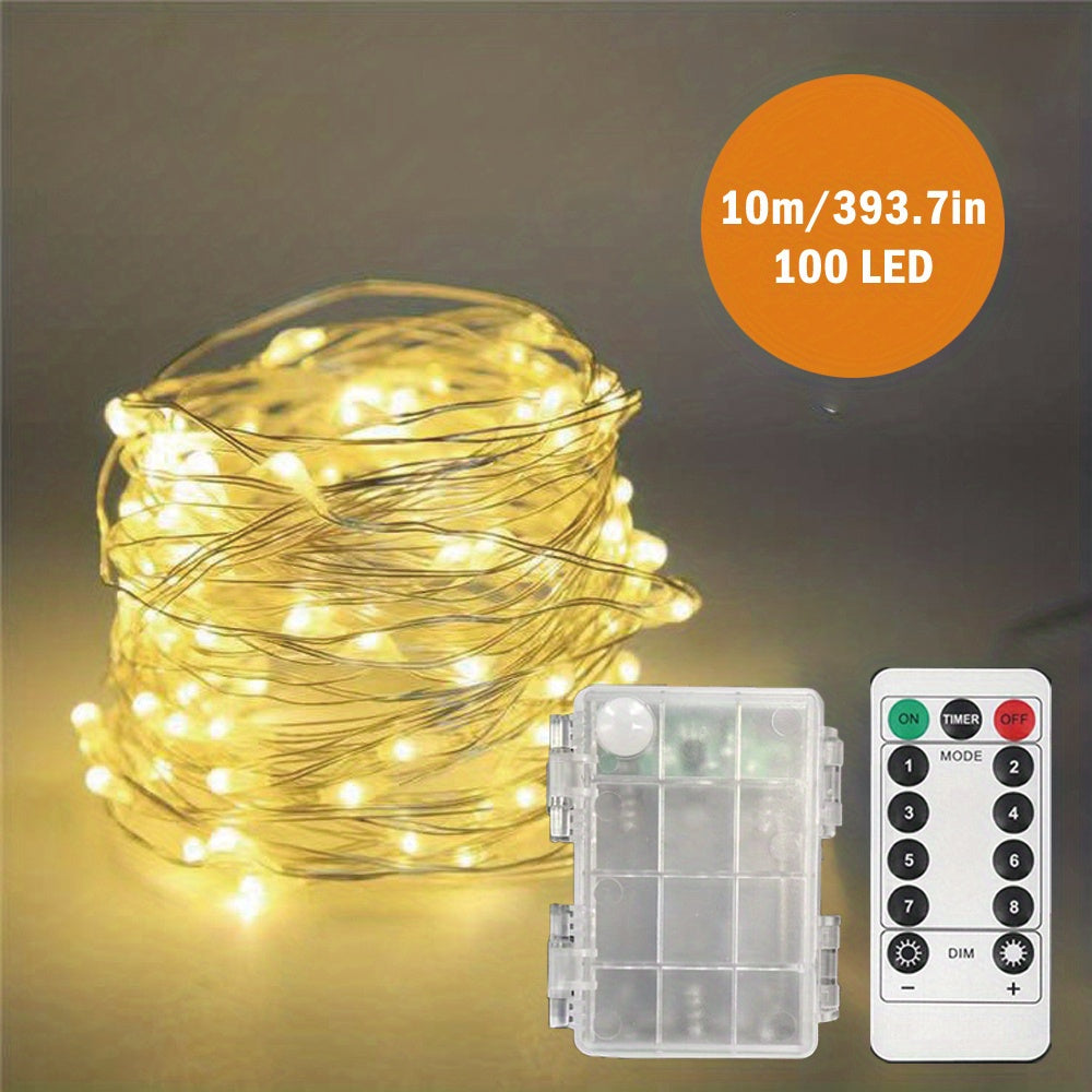 1 pieza de 10,06 metros de luces de hadas de 100 LED, funcionan con batería, luces de cuerda de destello, luces de luciérnaga de alambre de cobre con control remoto y temporizador, blanco cálido/colorido