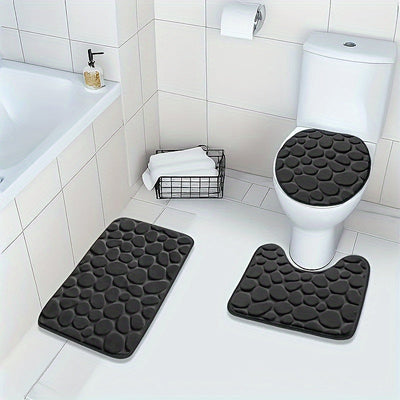 Juego de 3 piezas de alfombra de baño con patrón geométrico, coral de memoria de espuma de fleece, tejido de punto antideslizante con contorno en U para inodoro, rápido secado, suave, hecho a máquina de poliéster - Accesorios de baño universales para día