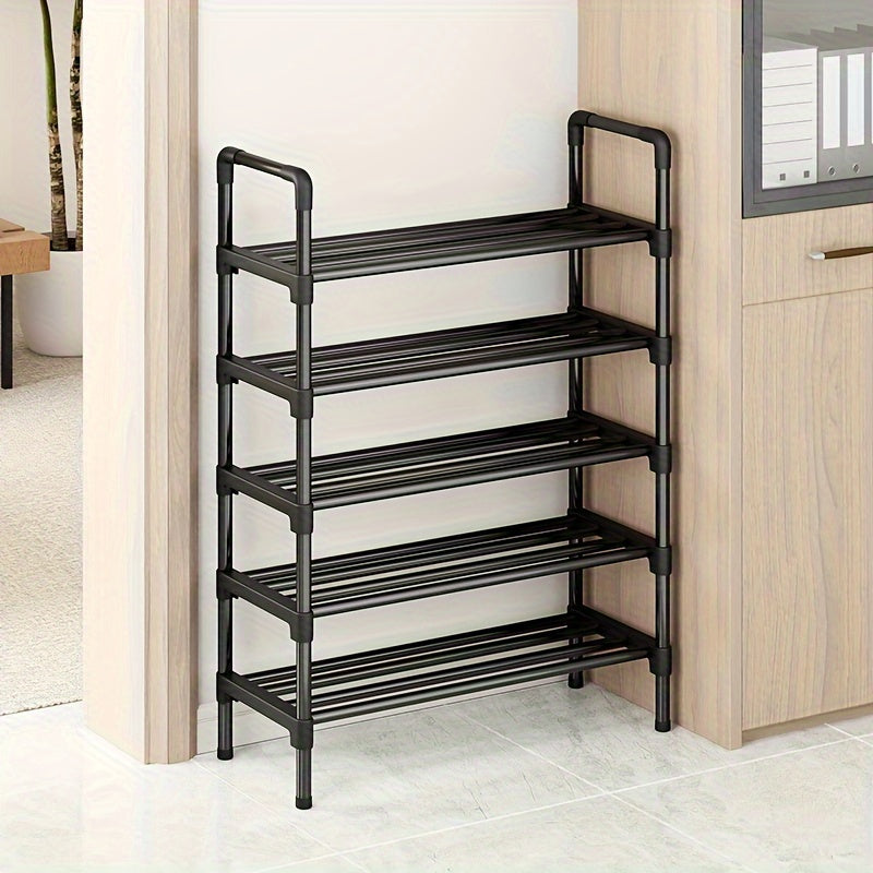 Estante para zapatos apilable estrecho de 5 niveles, 1 pieza, estructura metálica minimalista con estantes de plástico, organizador de almacenamiento que ahorra espacio para el armario, la entrada, el dormitorio, el hogar y la cocina.